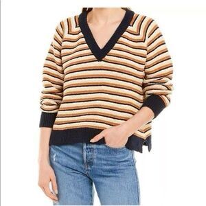 Madewell Sweater Arden V-Neck Crop Pullover Blue Tan Stripe Size XXS #1246
